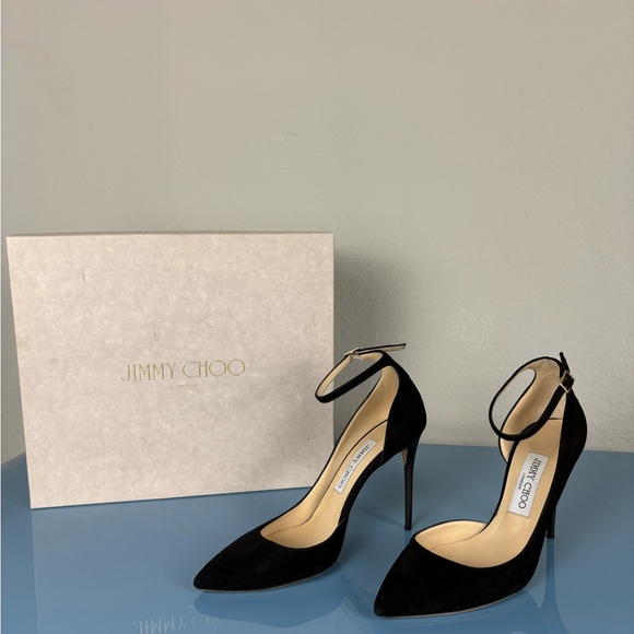 Jimmy Choo Shoes - Jimmy Choo Black Suede Lucy Ankle Strap Pointed Pump